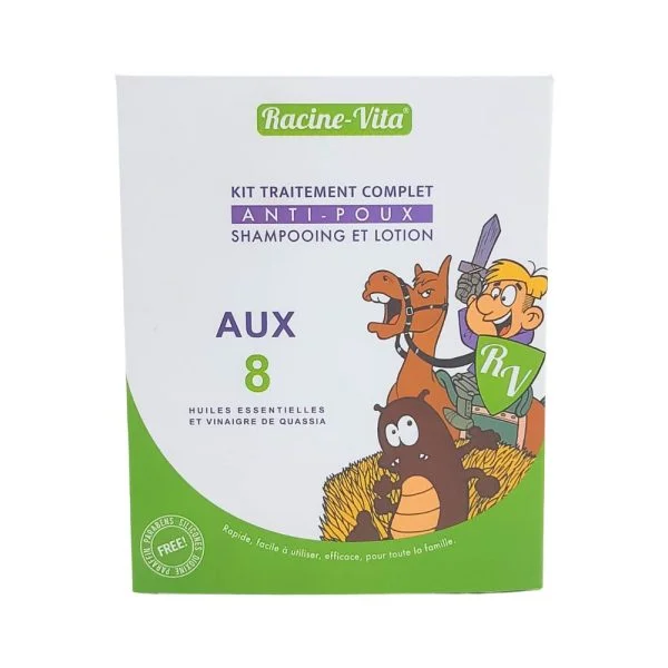 Boîte Racine-Vita kit anti-poux shampooing et lotion, illustration enfant et pou