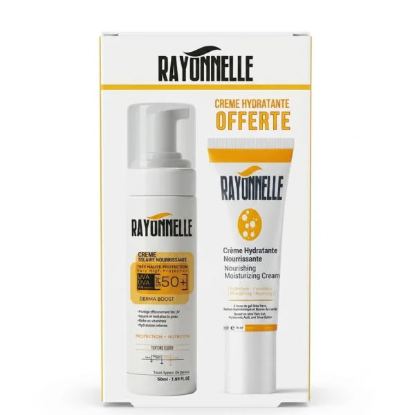 Coffret Rayonnelle avec crème solaire SPF 50+ 50 ml et tube de crème hydratante