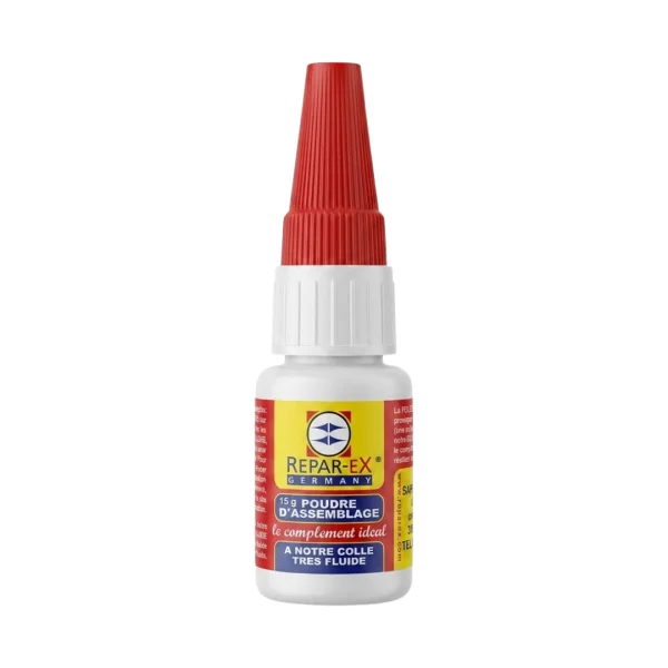 Flacon blanc à bouchon rouge effilé Repar-ex poudre d'assemblage 15 g