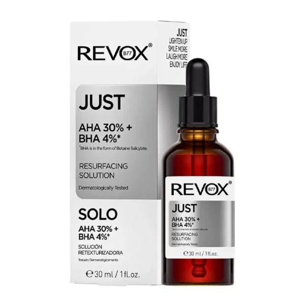 Étui blanc et flacon ambré Revox B77 JUST AHA 30% BHA 4%