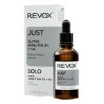 Étui gris et flacon ambré Revox B77 JUST alpha arbutine 2%