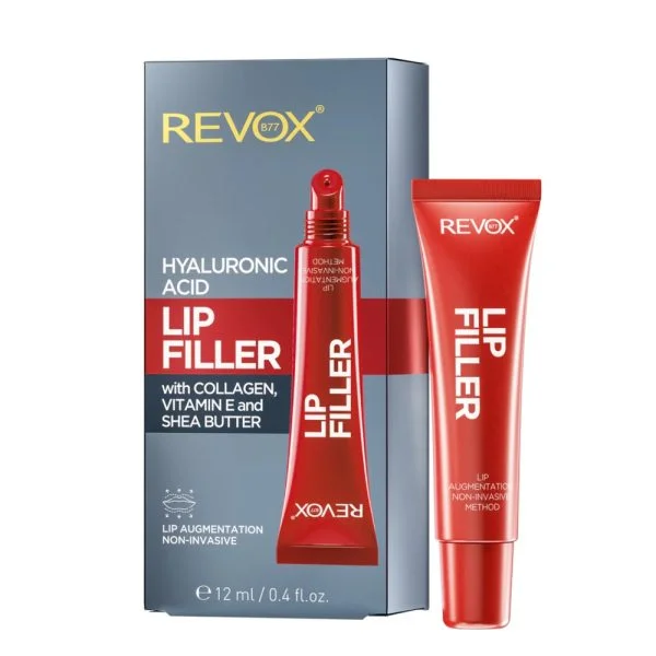 Tube rouge et étui gris Revox B77 Lip Filler acide hyaluronique 12 ml