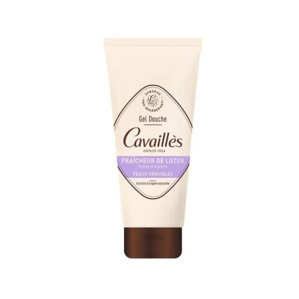 Tube beige Rogé Cavaillès gel douche surgras Fraîcheur de Lotus, bandeau violet