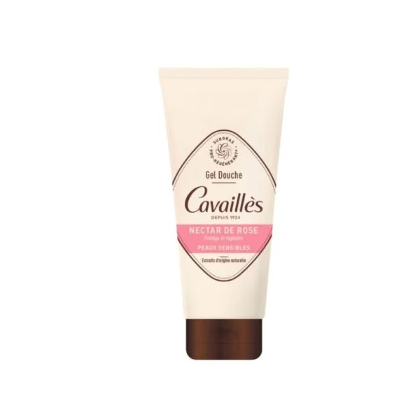 Tube beige Rogé Cavaillès gel douche surgras Nectar de Rose, bandeau rose