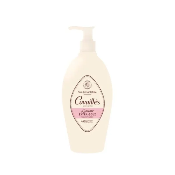 Flacon-pompe beige Rogé Cavaillès soin lavant intime L'Intime Extra-Doux