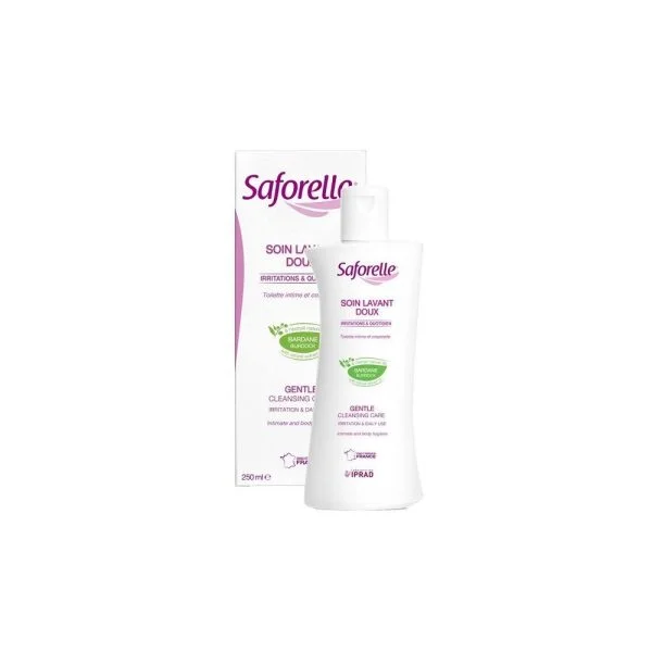 Flacon blanc Saforelle Soin Lavant Doux 250 ml et son étui violet