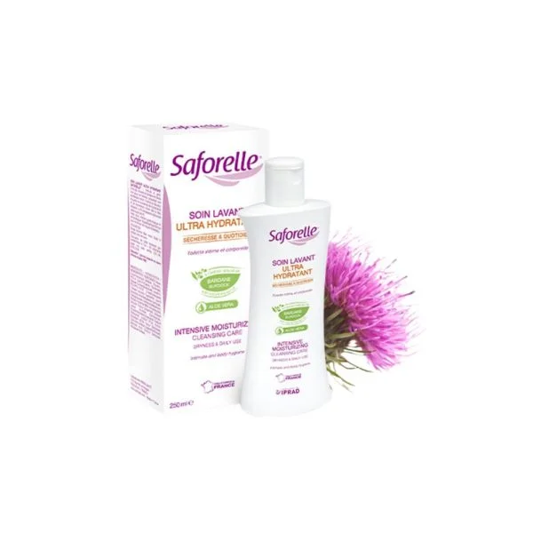 Flacon blanc Saforelle Soin Lavant Ultra Hydratant 250 ml, fleur de bardane