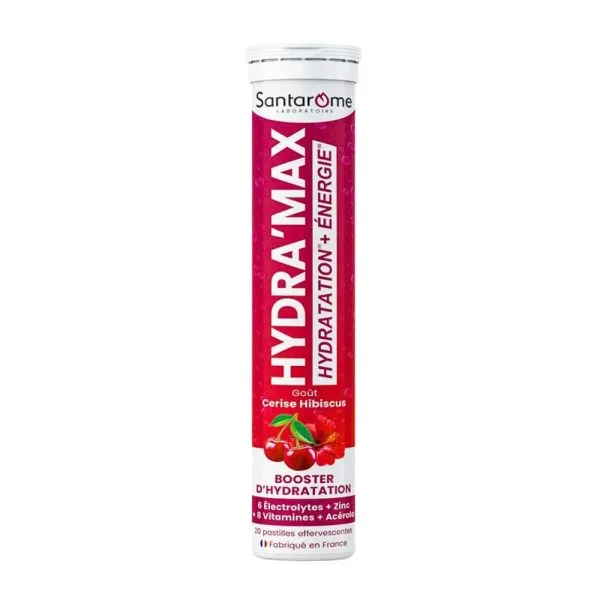 Tube rouge Santarome Hydra'Max cerise hibiscus, 20 pastilles effervescentes hydratation