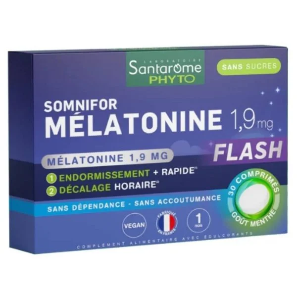 Santarome PHYTO Somnifor Melatonine Flash 1,9mg Endormissement Rapide Gout Menthe 30 Comprimes