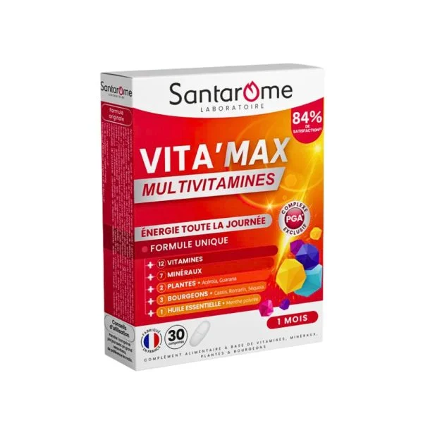 Boîte rouge Santarome Vita'Max Multivitamines énergie, 30 comprimés adultes