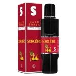 Flacon noir Sorcière Hair Tonic étiquette rouge et étui rouge illustré de bulbes d'ail