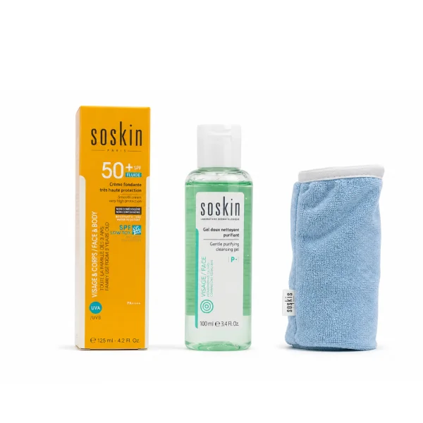 Étui solaire Soskin SPF50+, flacon de gel nettoyant vert et serviette bleue