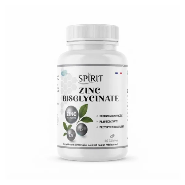 Pilulier blanc Spirit Zinc Bisglycinate 60 gélules avec feuilles vertes