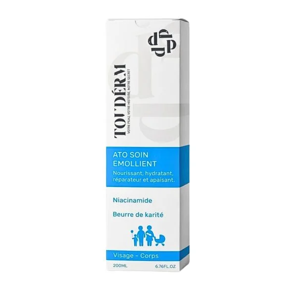 Boîte blanche et bleue du soin émollient Touderm ATO 200 ml visage corps