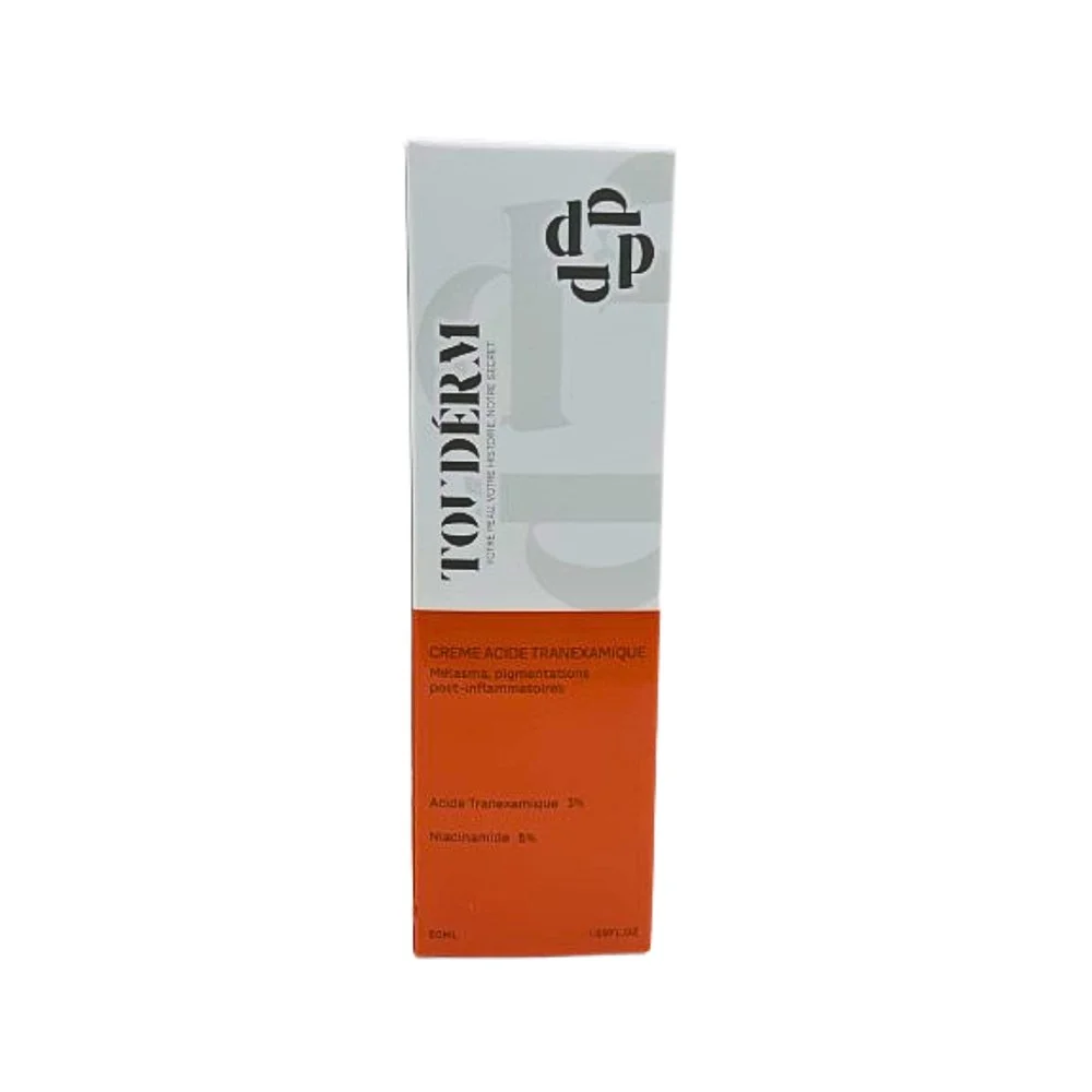 Touderm Crème Acide Tranexamique 50ml Boîte blanche et orange de la crème à l'acide tranexamique Touderm 50 ml