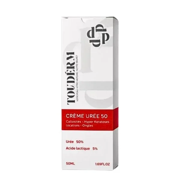 Étui blanc et rouge Toudérm crème Urée 50, tube de 50 ml