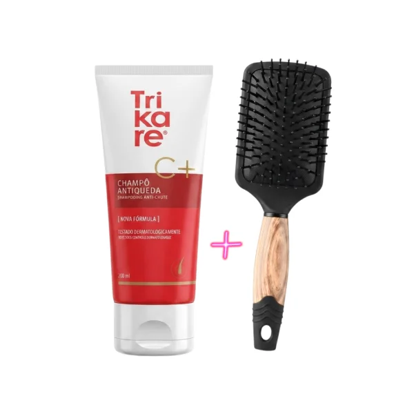 Tube rouge et blanc Trikare C+ shampoing anti-chute 200 ml et brosse