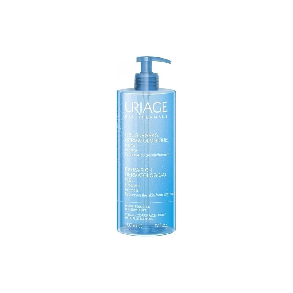 Uriage – Gel Surgras Liquide Dermatologique – 500 ml Flacon pompe bleu Uriage Gel Surgras Dermatologique 500 ml peaux sensibles