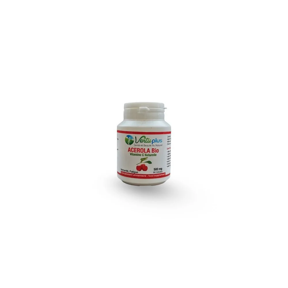 Vertu Plus Acerola Bio Vitamine C Naturelle 500 Mg 60 Gélules Pilulier blanc Vertuplus Acerola Bio vitamine C naturelle 500 mg 60 gélules