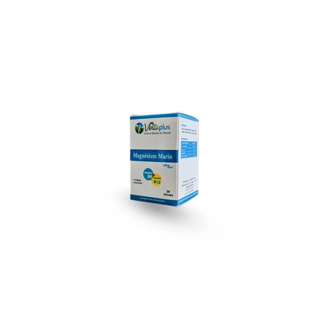 Vertu Plus Magnésium Marin Boîte blanche et bleue Vertuplus Magnésium Marin vitamine B6 B12 30 gélules