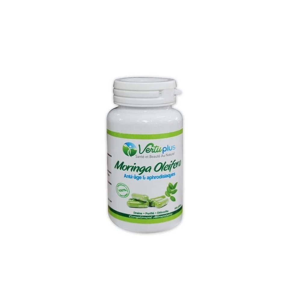 Vertu Plus Moringa Oleifera 90 Gélules Pilulier blanc et vert Vertuplus Moringa Oleifera gélules vertes et feuilles