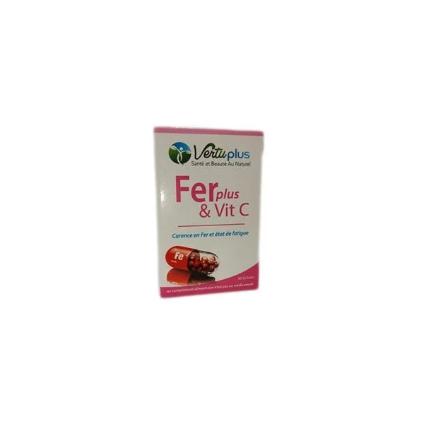 Boîte Vertuplus Fer plus & Vit C 30 gélules, capsule rouge Fe