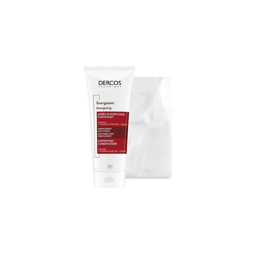 Vichy Dercos Après-Shampoing Energisant Anti-Chute | 200ml Tube blanc et rouge Vichy Dercos après-shampooing énergisant avec texture crème