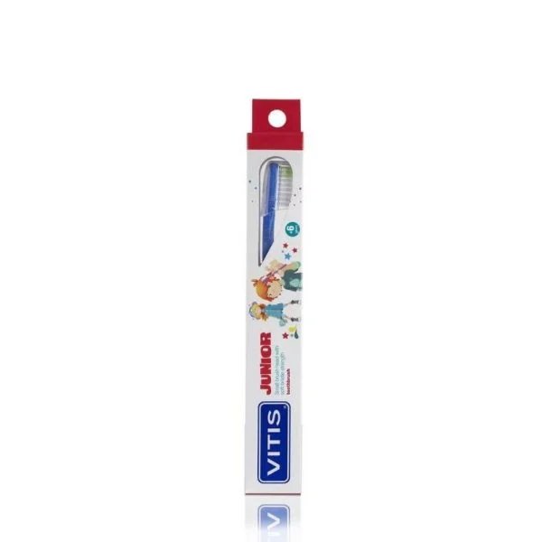 Brosse à dents Vitis Junior dans son étui illustré, manche bleu