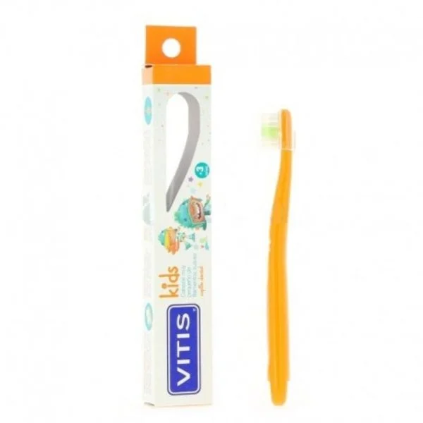 Brosse à dents Vitis Kids orange avec capuchon, posée près de son étui