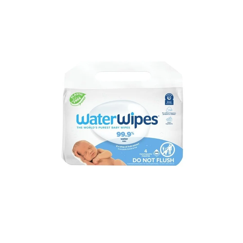 Waterwipes Lingettes Baby 4×60 Bio Paquet WaterWipes lingettes bébé avec photo d'un nouveau-né endormi