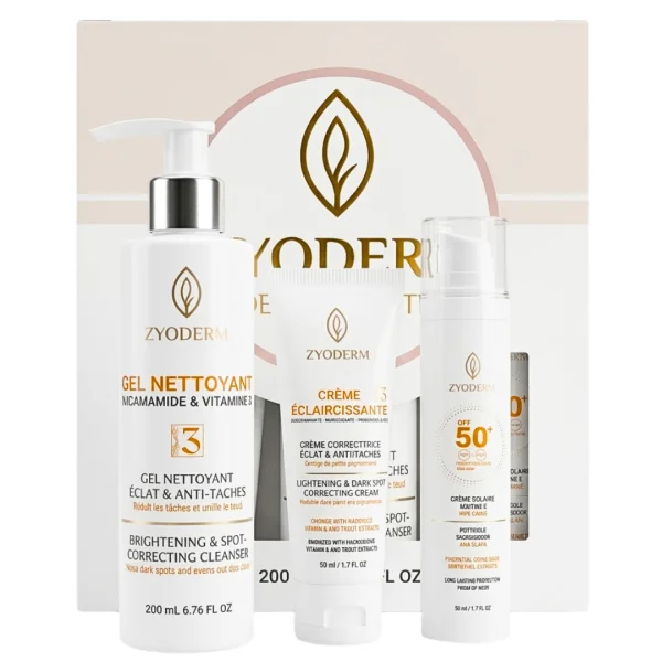 Pack Zyoderm Crème Éclaircissante + Écran Solaire Teinté SPF50+ + Gel Nettoyant Offert