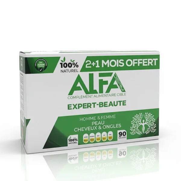 Boîte verte et blanche Alfaderm Expert-Beauté complément alimentaire 2+1 mois offert