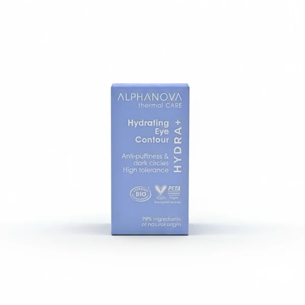 Étui bleu lavande Alphanova Hydra+ contour des yeux hydratant haute tolérance