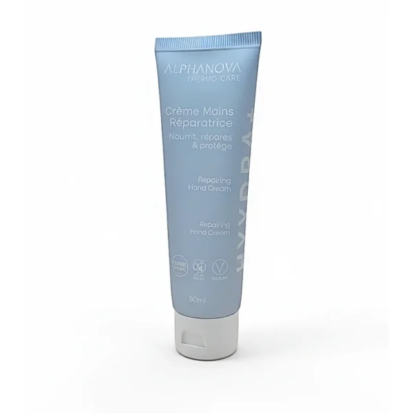 Tube bleu Alphanova Hydra+ crème mains réparatrice 50 ml, bouchon blanc