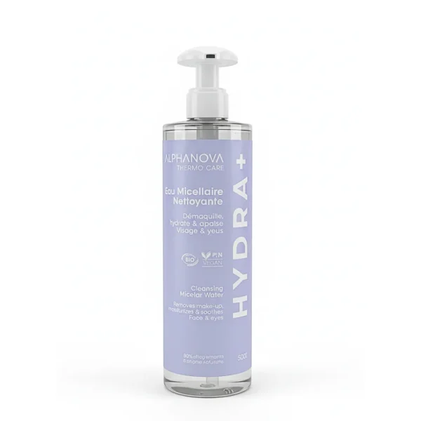 Flacon pompe bleu lavande Alphanova Hydra+ eau micellaire nettoyante visage yeux