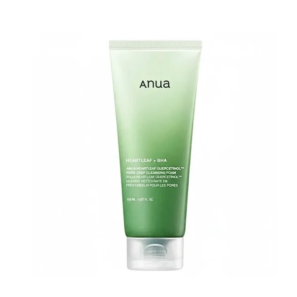 Tube vert dégradé Anua Heartleaf Quercetinol mousse nettoyante 150 ml