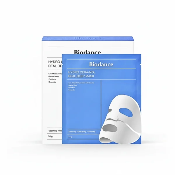 Boîte blanche et sachet bleu Biodance Hydro Cera-nol masque visage tissu