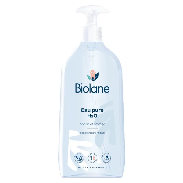 Flacon pompe transparent Biolane Eau pure H2O, étiquette bleu clair