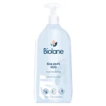 Grand flacon pompe transparent Biolane Eau pure H2O, étiquette bleu clair