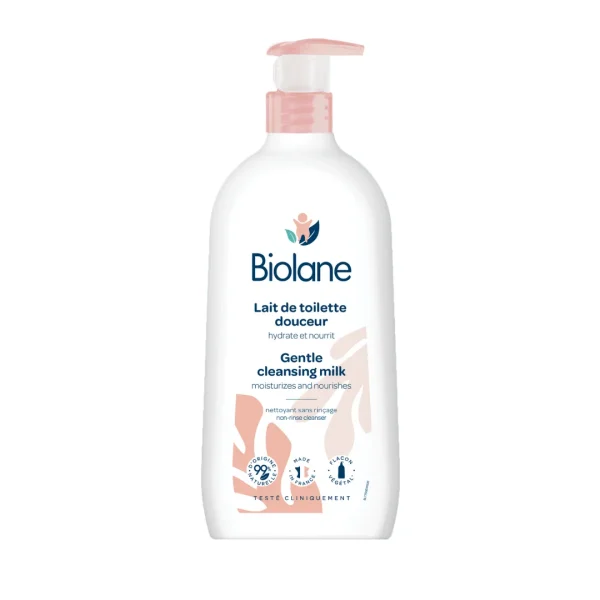 Flacon pompe blanc Biolane Lait de toilette douceur, pompe rose poudré