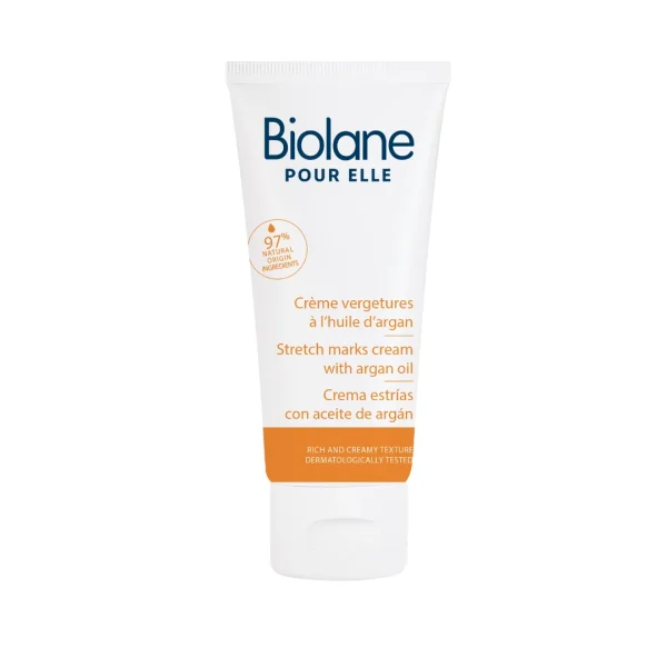 Tube blanc et orange Biolane Pour Elle crème vergetures à l'huile d'argan