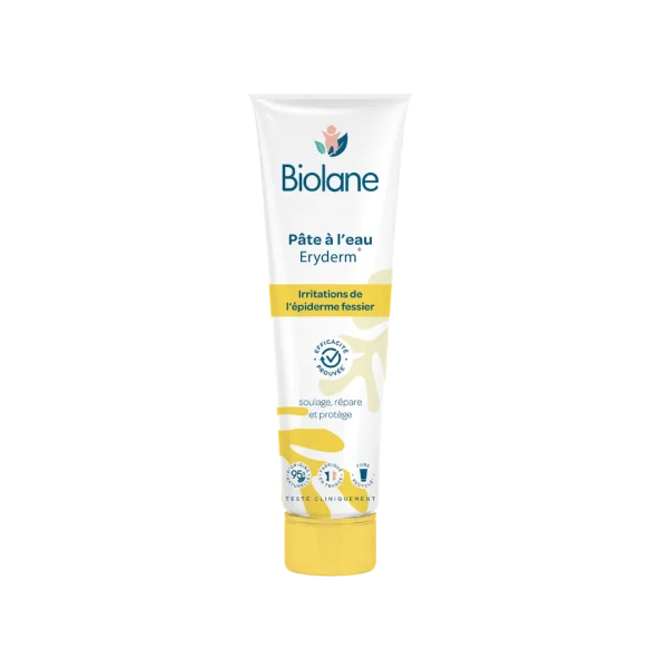 Tube blanc et jaune Biolane Pâte à l'eau Eryderm, bandeau jaune irritations