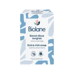Étui cartonné bleu et blanc Biolane Savon doux surgras, pain de toilette