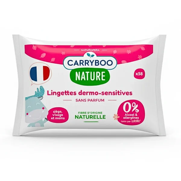 Paquet rose Carryboo Nature lingettes dermo-sensitives sans parfum, 58 unités