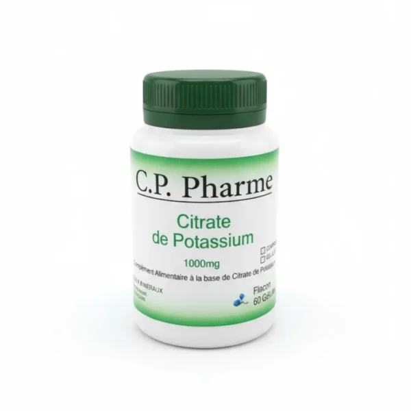 Flacon blanc et vert C.P. Pharme citrate de potassium 1000 mg 60 gélules