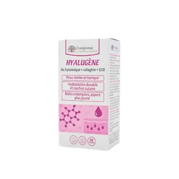 Boîte Complemax Hyalugène 60 gélules, packaging blanc et rose