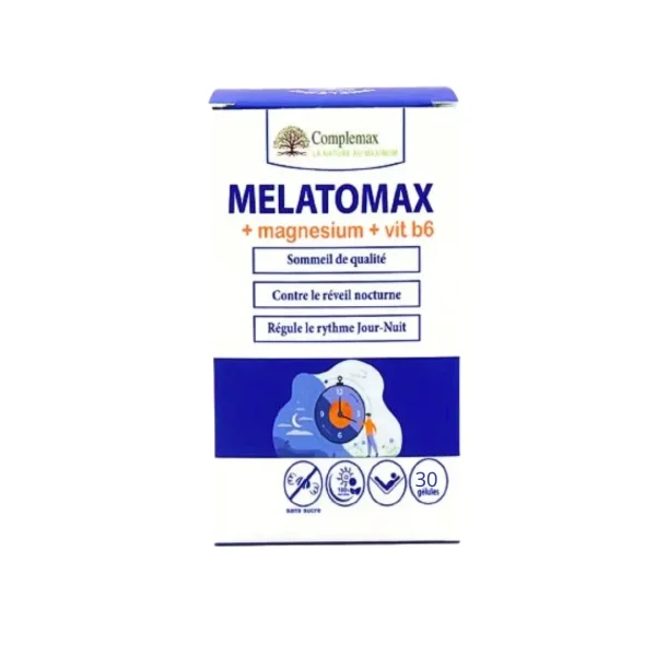 Boîte Complemax Melatomax magnésium et vitamine B6, 30 gélules, packaging bleu