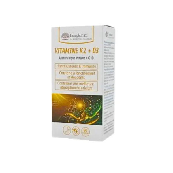 Boîte Complemax Vitamine K2 + D3 60 gélules, packaging blanc et doré