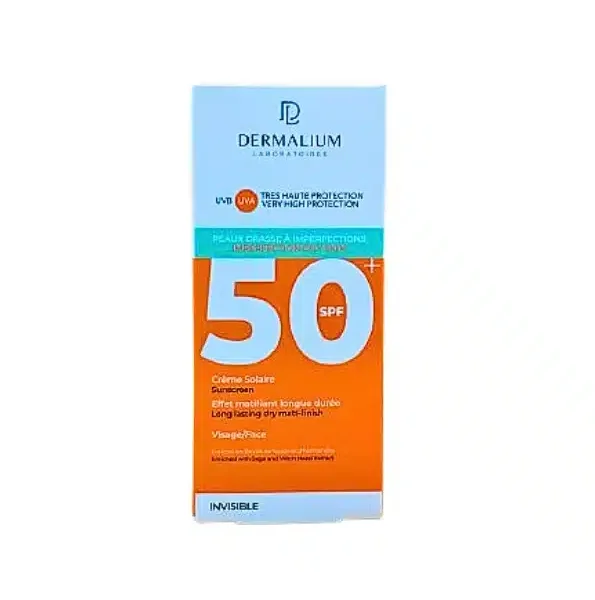 Étui bleu et orange Dermalium écran solaire peaux grasses à imperfections SPF 50+