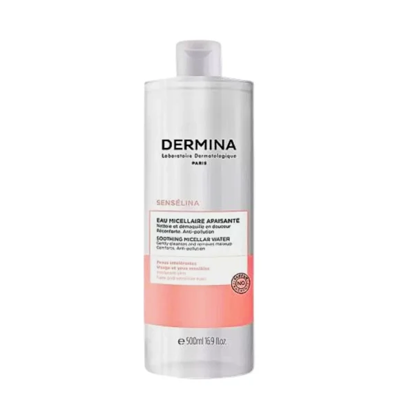 Grand flacon Dermina Sensélina eau micellaire apaisante 500 ml, bandeau corail